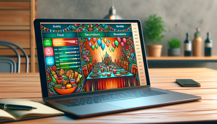 A laptop screen displaying a detailed budget plan for a dinner party, including graphs and budgeting software.