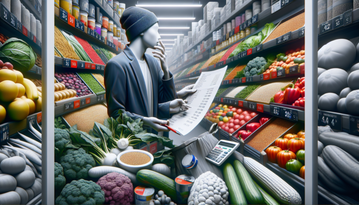 Individual in a supermarket comparing prices of vegetables and grains, focused on smart budget shopping.