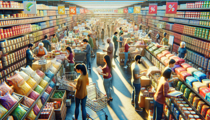 Shoppers comparing bulk ingredient prices in a bustling wholesale store with colourful discount flyers.