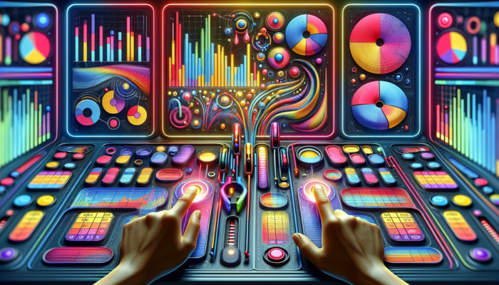 Futuristic dashboard visualising graphs, KPIs, and hands adjusting sliders for A/B testing in paid social media.