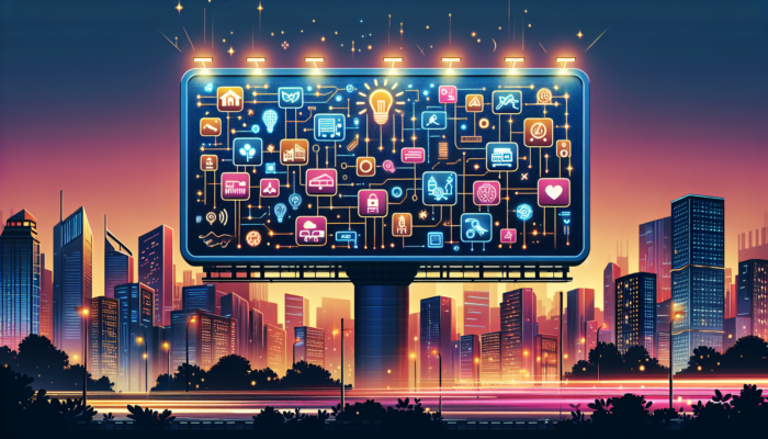 A digital billboard displaying a map with local businesses marked by schema markup icons in a city at twilight.