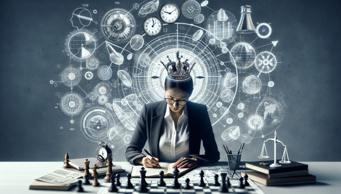 A person reviewing financial documents and budgets, surrounded by charts, planning for future financial goals.