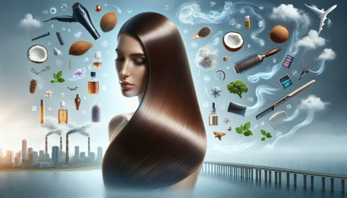 Woman showcasing repaired, shiny hair using coconut and argan oil, amidst environmental stressors and styling tools.