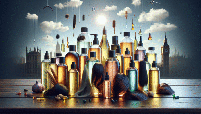 A variety of hair oil bottles displayed on a wooden table, labelled with benefits, suitable for various hair types, set against a UK weather backdrop.