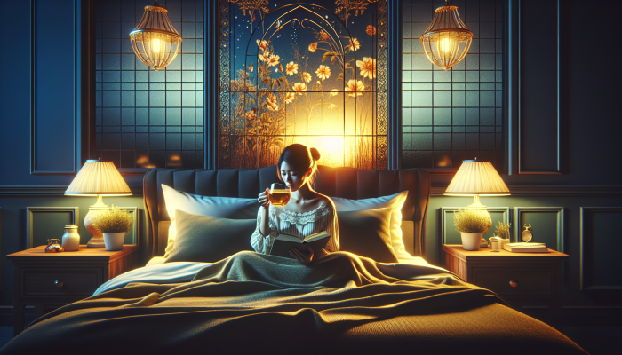 Benefits Of Chamomile For Sleep: A person in a cosy British bedroom at night, sipping chamomile tea and reading a book.