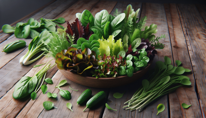 Fresh Summer Salad: A colourful array of fresh salad greens on a rustic wooden table.