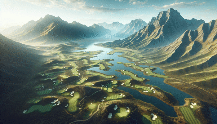 Aerial view of George Golf Club showcasing diverse holes, scenic par threes, and challenging par fives, set against the backdrop of the Outeniqua Mountains.