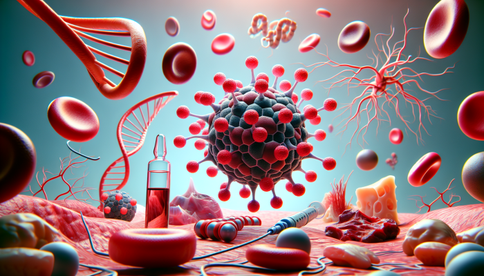 Illustration of Vitamin B12 with red blood cells, DNA, nerve fibres, and animal products.