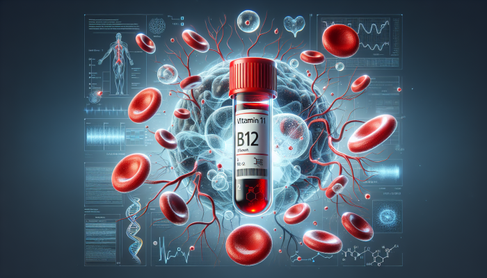 A blood test vial labelled 'Vitamin B12' with neural pathways and red blood cells.