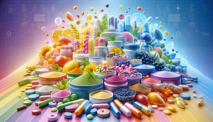 A vibrant assortment of dietary supplements in capsules, tablets, and powders against a colourful backdrop.