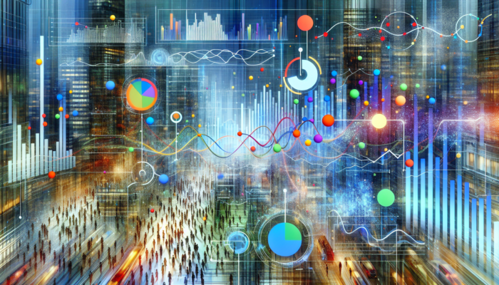 Digital dashboard displaying Google My Business Insights with graphs and charts on customer behaviour in an urban environment.