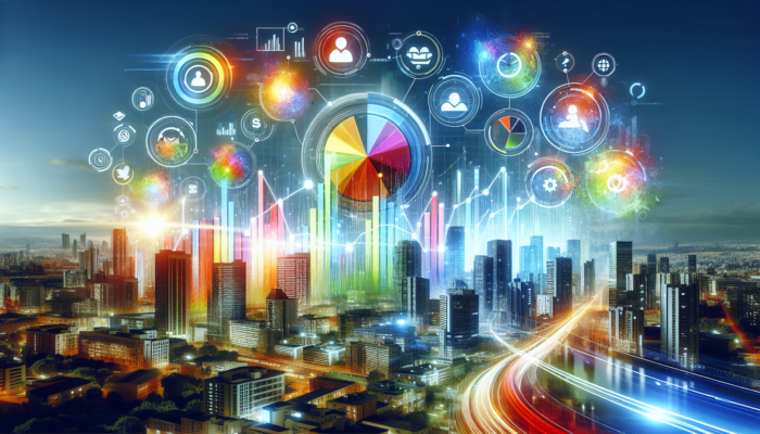 A vibrant Bing business profile with graphs depicting increased traffic and trust, against a lively city background.