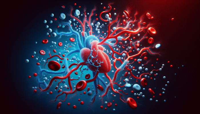 Illustration of nitric oxide molecules enhancing cardiovascular health in blood vessels, with red and blue tones.