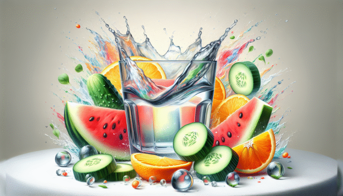 A glass of water adorned with cucumber, orange, and watermelon slices, symbolising hydration for hair health.