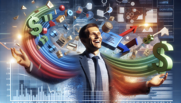 Debunking Debt Consolidation Horror Stories: UK Myths Busted | DCL Person in the UK smiling, consolidating debts into one loan, symbolised by merging colourful streams into a clear river, with financial charts.