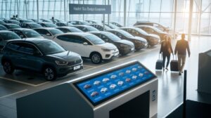 A contemporary Car Rentals centre featuring rows of parked vehicles inside a bright, glass-walled building. Two travellers with suitcases approach the cars, while a digital kiosk offers hassle-free booking options. Sunlight streams in through large windows.
