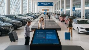 In a brightly lit car rental facility, travellers with suitcases enhance their booking experience at a large touchscreen kiosk. Rows of parked cars line both sides, overhead signage offers directions in multiple languages, and natural light floods the space.