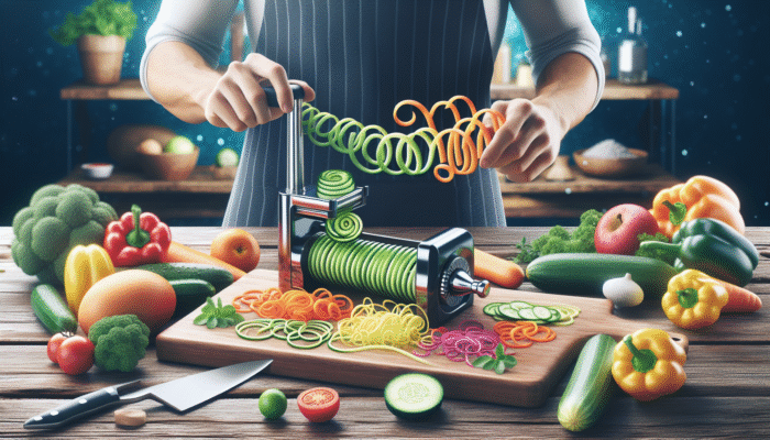 Fresh vegetables on a wooden board, chef using a spiralizer to create colourful spirals for healthy cooking.