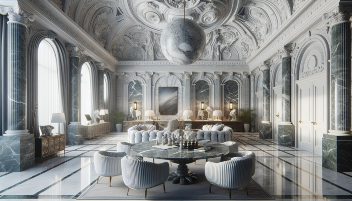 Luxurious interior featuring Carrara, Statuario, and green marbles from Wales and Scotland, showcasing elegance and versatility.