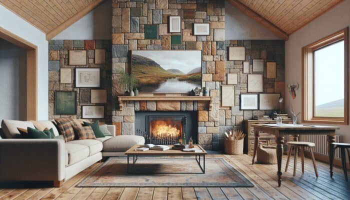 A rustic Clackmannanshire living room with a fireplace tiled in various natural stones, showcasing a mix of textures and colours.