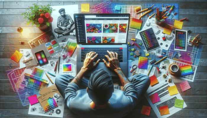 A vibrant workspace featuring a laptop displaying an engaging product page, notes, and a mood board; an individual engaged in writing product descriptions.