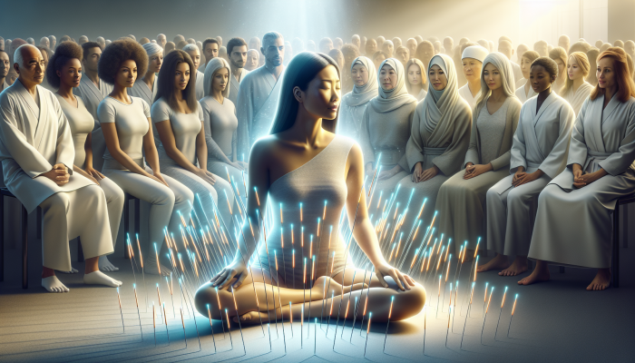 A tranquil Asian woman receiving acupuncture, surrounded by glowing needles, observed by a diverse audience.