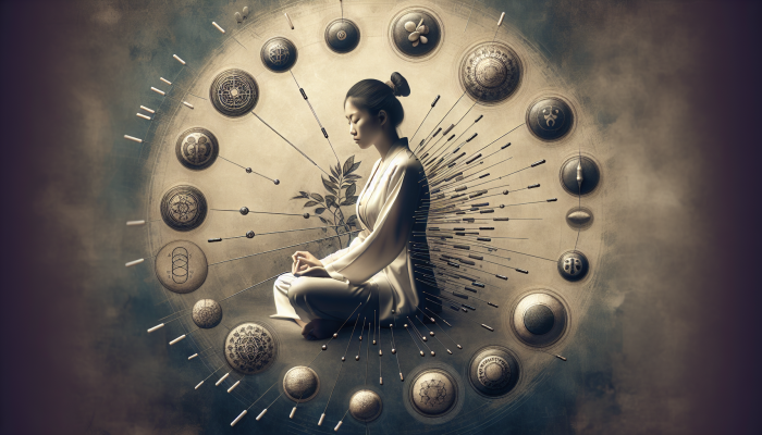 A calm Asian woman undergoing acupuncture, surrounded by symbols of acupressure, reflexology, and cupping.