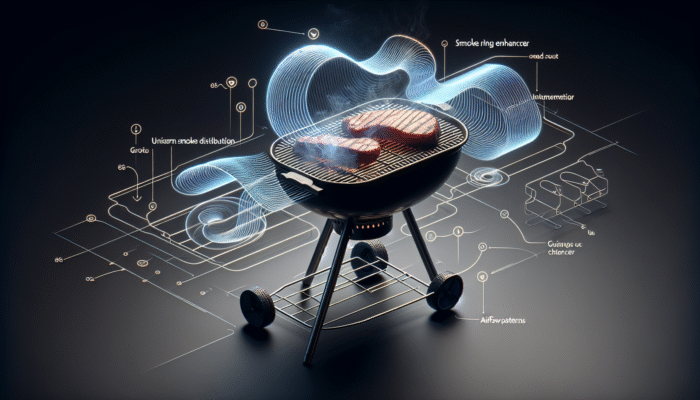 A smoke ring enhancer on a grill, positioned near but not over the heat source, ensuring even smoke distribution around the meat.