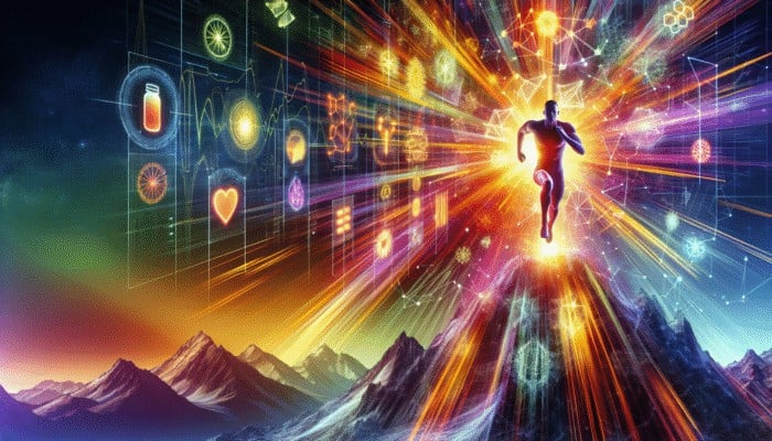 An individual running up a mountain, surrounded by vibrant energy supplements, set against a vivid backdrop.