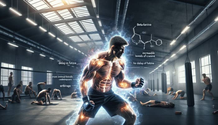 MMA fighter training intensely, muscles glowing with energy from beta-alanine, staving off fatigue.