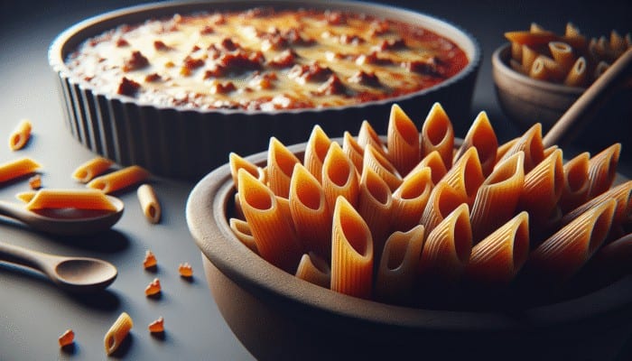 Penne pasta adorned with chunky marinara sauce and baked penne al forno topped with melted cheese and meat.