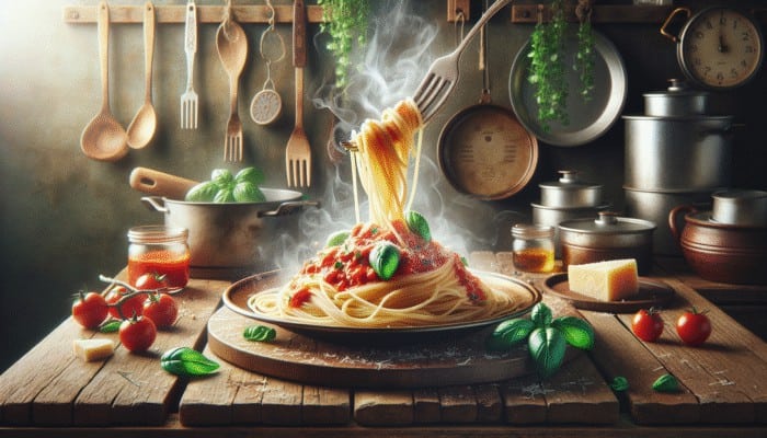 A steaming plate of spaghetti with marinara sauce, fresh basil, and Parmesan cheese, set in a rustic Italian kitchen.