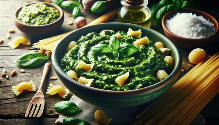 Freshly made pesto sauce with basil, pine nuts, and Parmesan served over trofie and gnocchi on a rustic Italian table.