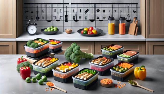 A collection of meal prep containers filled with protein-rich foods like chicken, tofu, lentils, and salmon.
