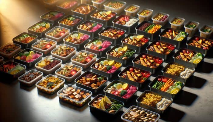Diverse meal prep containers filled with protein-rich foods like chicken, tofu, quinoa, lentils on a modern kitchen counter.