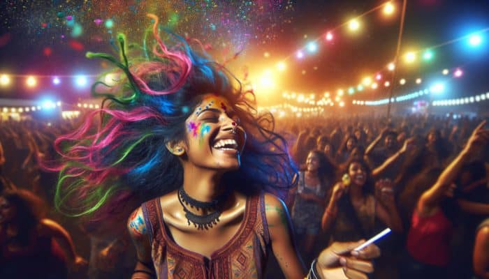 Individual with vibrant, multi-coloured hair at a festival, enjoying the atmosphere amidst colourful lights and a lively crowd.