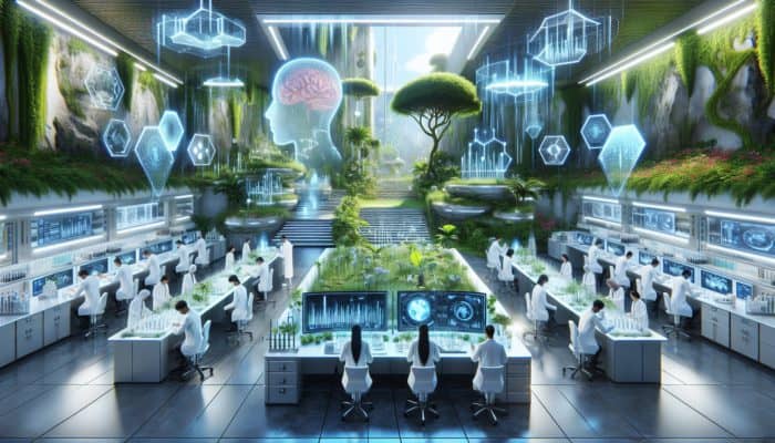 Futuristic laboratory featuring scientists working with advanced hair growth technology set against a serene garden backdrop.