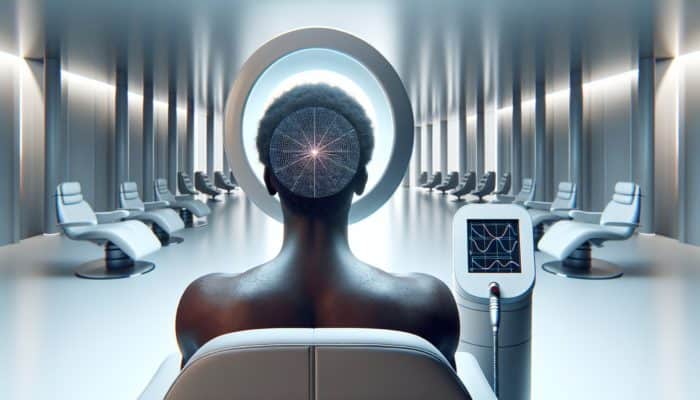 Individual using a low-level laser therapy device on their scalp in a modern, minimalist clinic, surrounded by healthy hair.