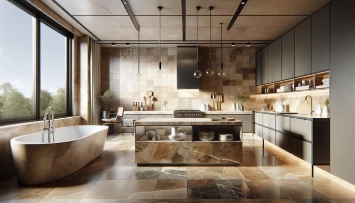 Stylish UK kitchen and bathroom showcasing honed, tumbled, and polished travertine tiles in warm earthy tones.
