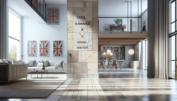 Elegant UK home interior showcasing durable travertine tiles that provide thermal comfort and timeless sophistication.