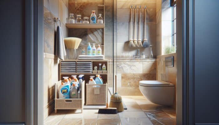 UK bathroom showcasing travertine tiles alongside suitable cleaning supplies for natural stone maintenance.