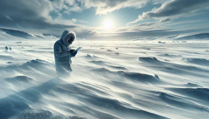 Survival in Tundra: Scientist in parka analysing data on tablet in Arctic tundra with harsh winds and snow.