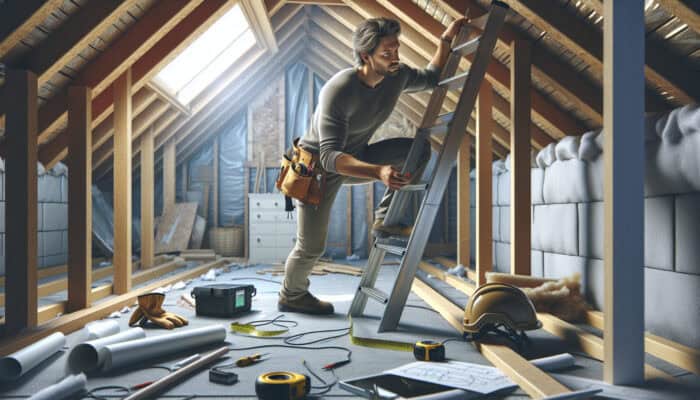 Seasonal Loft Clearance Tips in the UK: Person climbing ladder into loft, measuring and inspecting for safety, evaluating space.