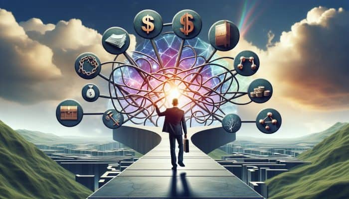 Crucial Terminology in Debt Consolidation: A Beginner's Guide | DCL A person confidently navigating a clear path through a complex financial landscape with labelled signposts under a bright sky.