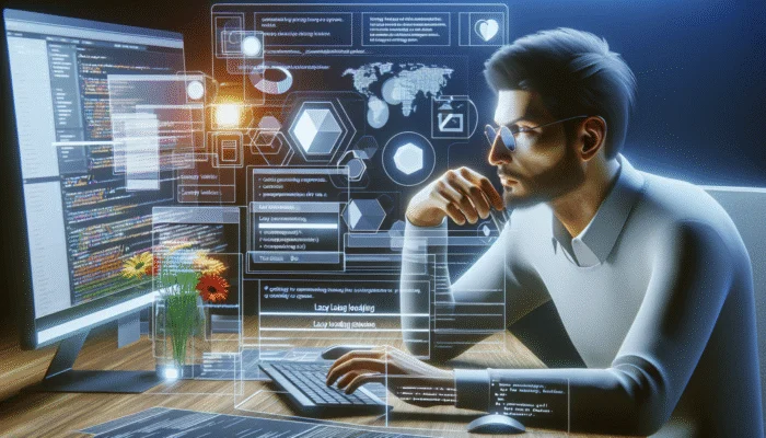 A web developer selecting tools for lazy loading to enhance website performance within a sophisticated workspace.