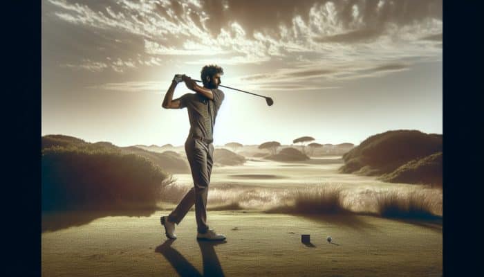 Golfer swinging on a South African course at mid-morning with optimal lighting and plain background.