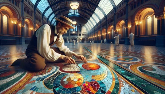 19th-century Italian craftsmen laying vibrant terrazzo flooring in Battersea's opulent public building.