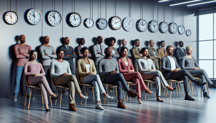 A diverse group waiting in an office with permit applications, with clocks showing different times.