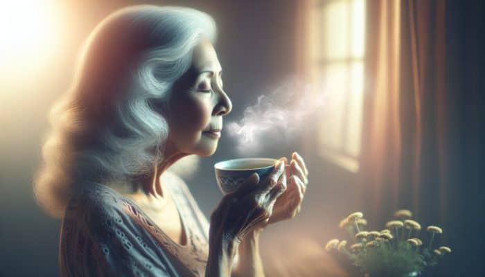 Elderly woman sipping chamomile tea, surrounded by soft light and gentle steam, symbolising relaxation.