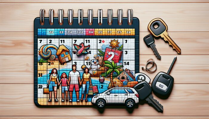 A calendar highlighting holiday dates and discount symbols, surrounded by car keys, travel brochures, and a family planning a vacation.